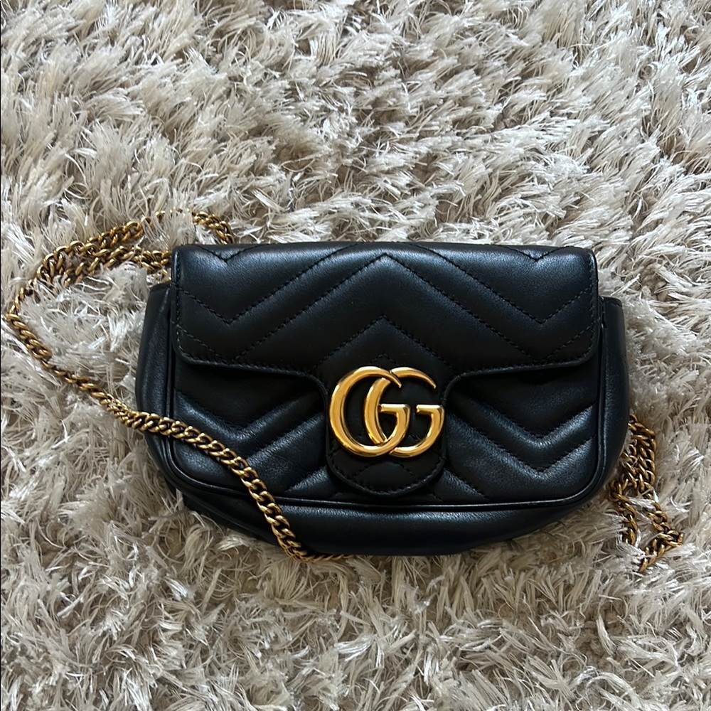 Black Leather Crossbody Bag with Gold Chain